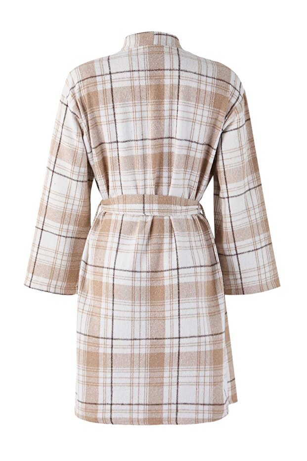 Bej Kuşaklı Ekoseli Kışlık Flannel Dokuma Sabahlık THMAW26SB00001 - 6