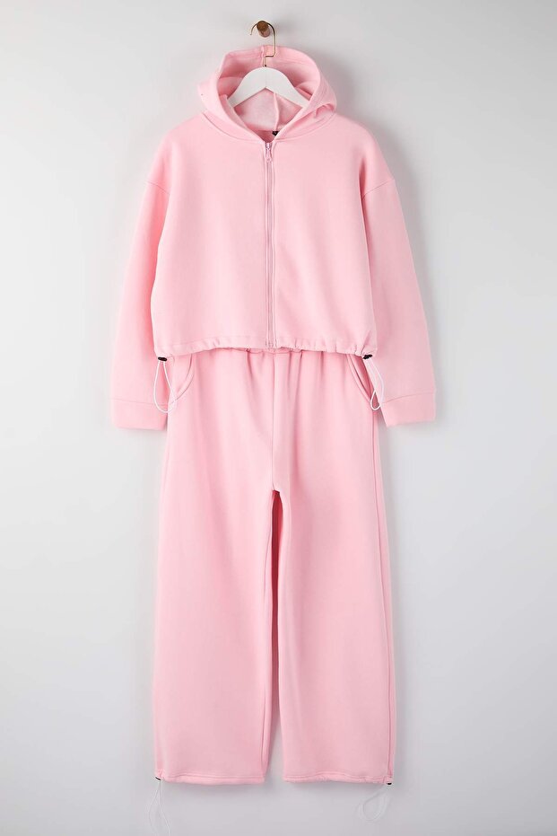 Pembe Crop Boy Beli Lastikli Ayarlanabilir İçi Polarlı Büyük Beden Eşofman Takımı TBBAW26TS00012 - 6