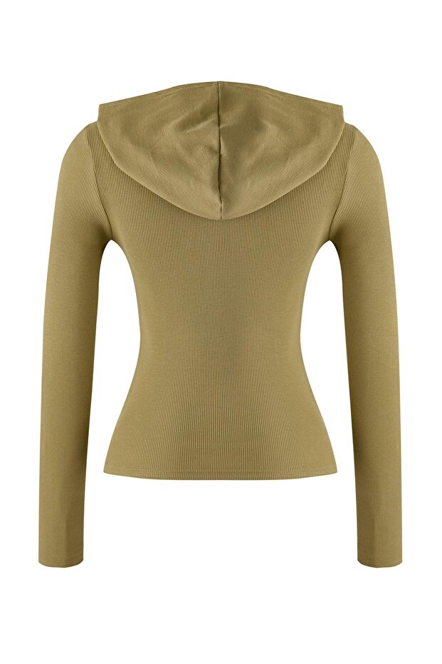 Haki Kapüşonlu Fitilli Düğmeli Fitted/Vücuda Oturan Örme Bluz TWOAW26BZ00033 - 6
