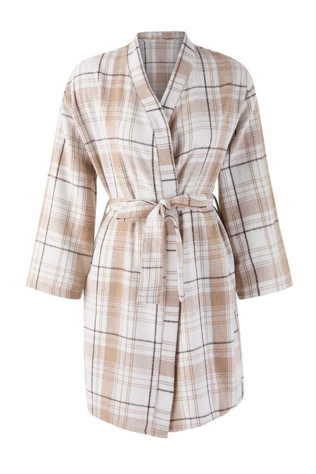 Bej Kuşaklı Ekoseli Kışlık Flannel Dokuma Sabahlık THMAW26SB00001 - 5
