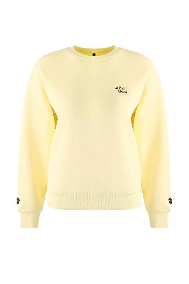 Açık Sarı Cat Mom Grafikli Nakışlı Regular/Normal Kalıp Kalın Örme Sweatshirt TWOAW26SW00200 - 5