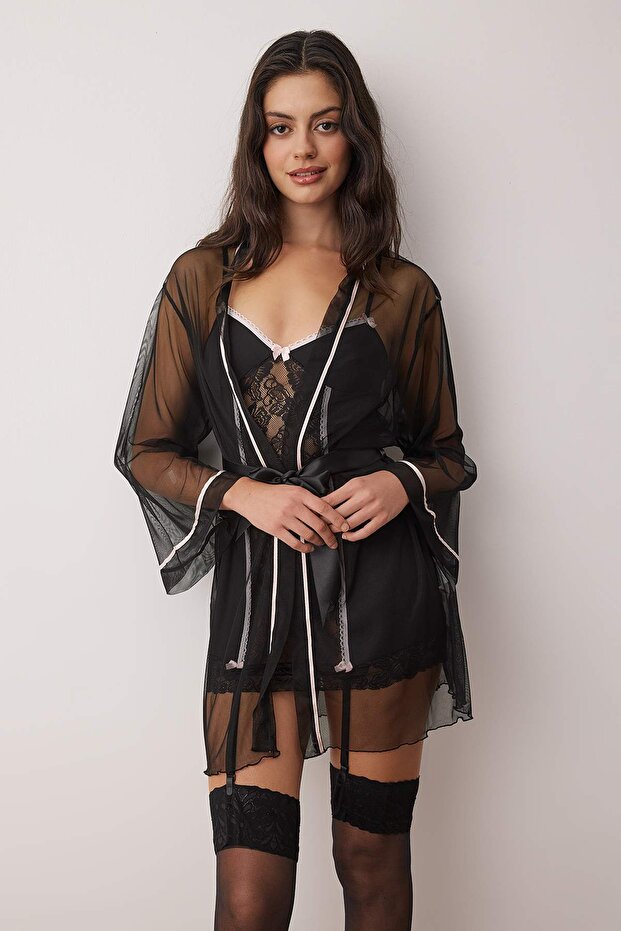 Siyah 2'li Kapsız Saten ve Tül Babydoll/Fantezi Gecelik+Sabahlık THMAW26LL00009 - 3