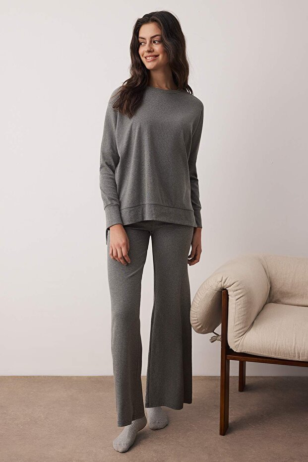 Antrasit Pamuklu Yırtmaçlı Fitilli Örme Pijama Takımı THMAW26PT00223 - 2