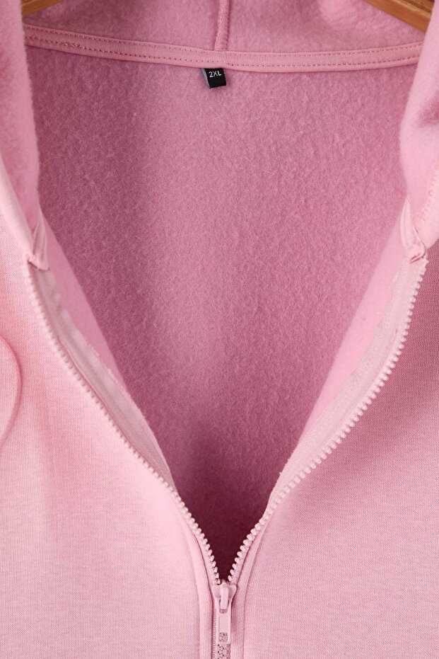 Pembe Kapüşonlu Embos Baskılı Şarodnlu Örme Büyük Beden Eşofman Takımı TBBAW26TS00009 - 8