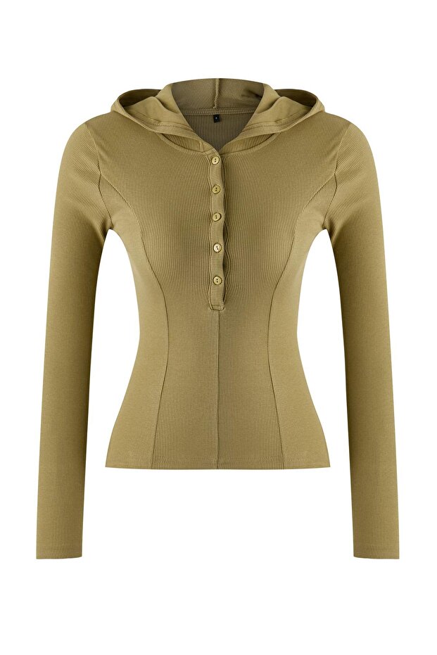 Haki Kapüşonlu Fitilli Düğmeli Fitted/Vücuda Oturan Örme Bluz TWOAW26BZ00033 - 5