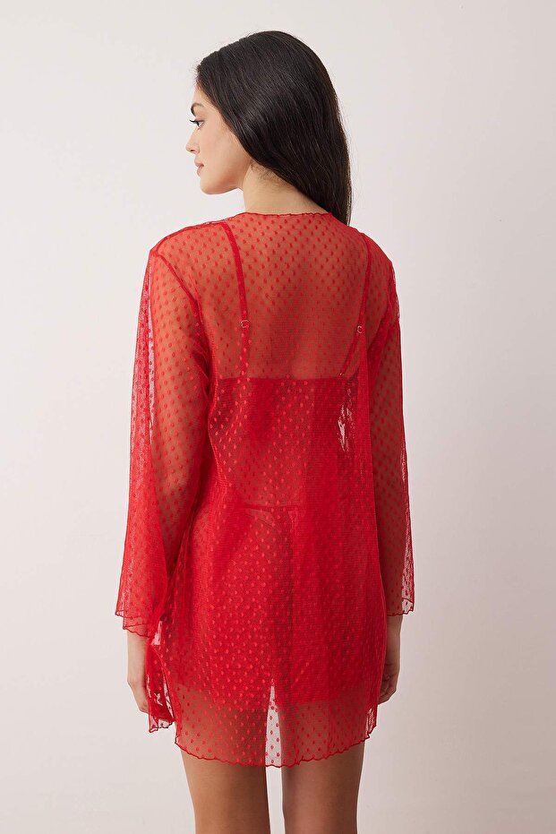 Kırmızı 3'lü Puantiyeli Külotlu Tül Kapsız Babydoll/Fantezi Gecelik+Sabahlık THMAW26LL00017 - 5