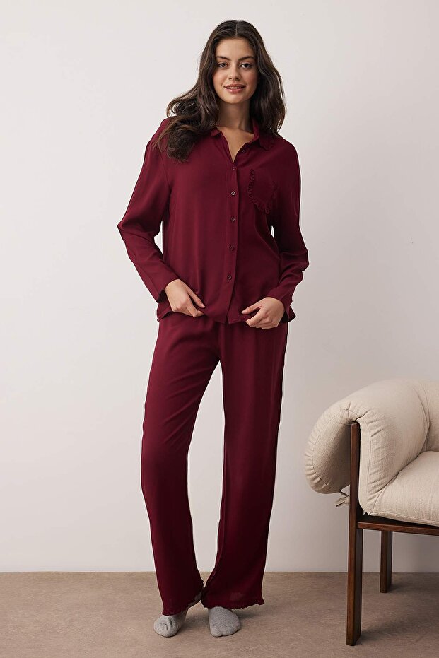 Mürdüm Fırfırlı Cep Detaylı Viskon Dokuma Pijama Takımı THMAW25PT00146 - 1