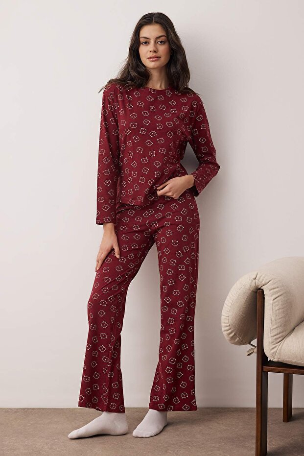 Bordo %100 Pamuklu Ayıcıklı Örme Pijama Takımı THMAW25PT00131 - 1