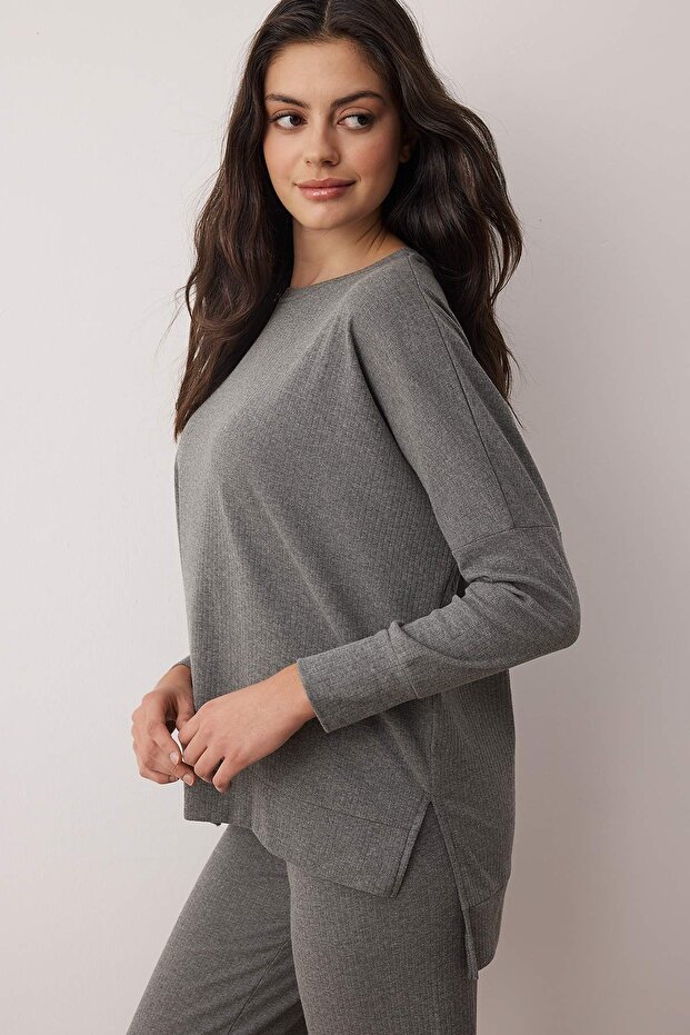 Antrasit Pamuklu Yırtmaçlı Fitilli Örme Pijama Takımı THMAW26PT00223 - 1