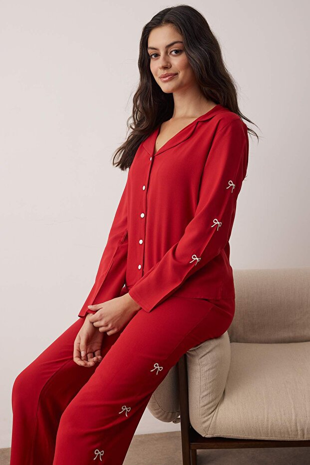 Bordo Kurdele/Fiyonk Nakış Detaylı Viskon Dokuma Pijama Takımı THMAW26PT00089 - 1