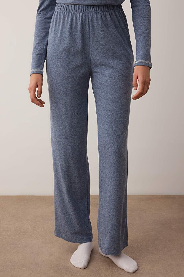 Mavi Pamuklu Dantel Detaylı Örme Pijama Takımı THMAW26PT00084 - 3