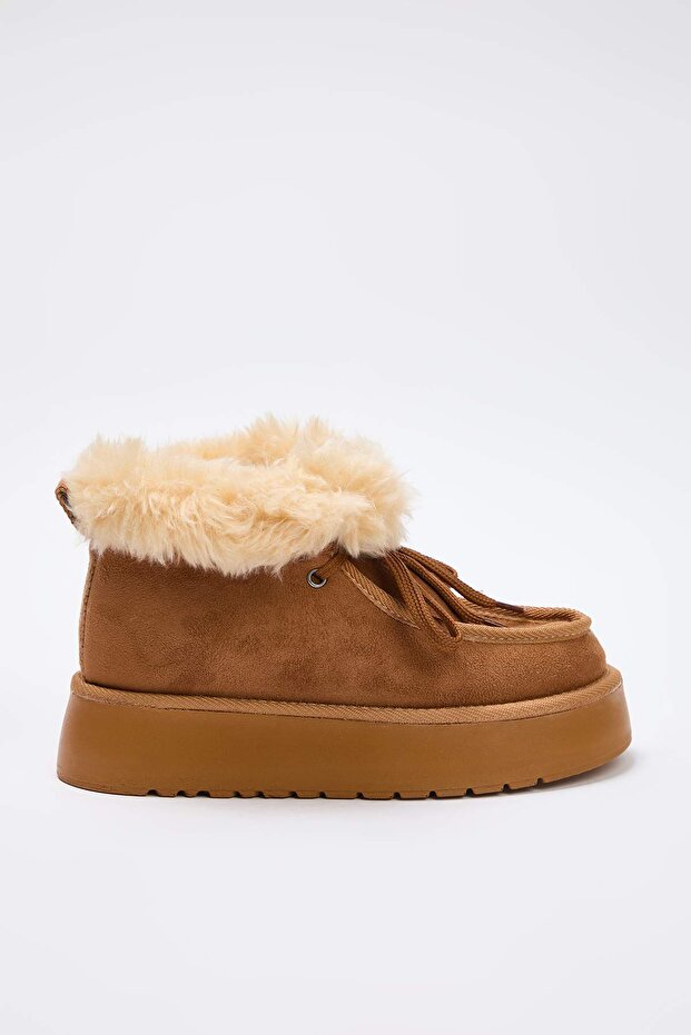 Taba Kürklü Bağcık Detaylı Kadın 4,5 cm Düz Flatform Topuklu Kar Bot Kar Bot TAKAW26BO00094 - 3