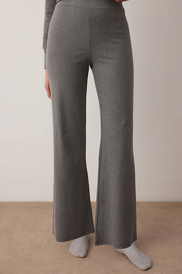 Antrasit Pamuklu Yırtmaçlı Fitilli Örme Pijama Takımı THMAW26PT00223 - 3
