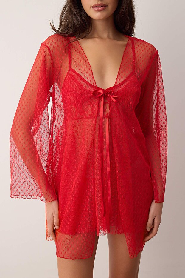 Kırmızı 3'lü Puantiyeli Külotlu Tül Kapsız Babydoll/Fantezi Gecelik+Sabahlık THMAW26LL00017 - 4
