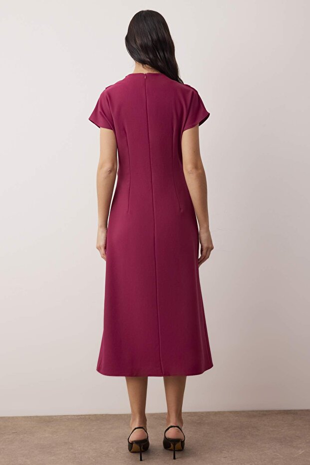 Koyu Mor Düz A Kesim Büzgü / Drape Midi Dokuma Elbise TWOAW25EL00393 - 4