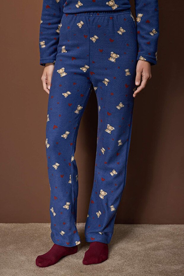 Lacivert Ayıcık ve Kalp Desenli Kışlık Polar Örme Pijama Takımı THMAW26PT00150 - 3