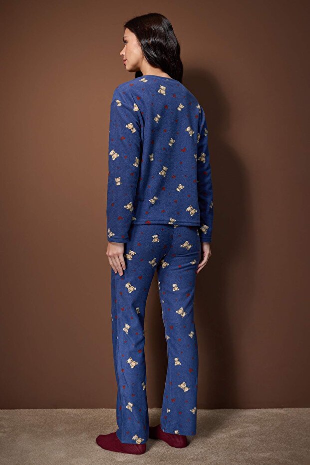 Lacivert Ayıcık ve Kalp Desenli Kışlık Polar Örme Pijama Takımı THMAW26PT00150 - 4