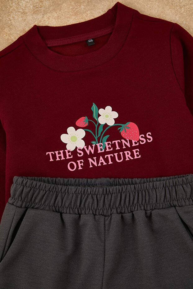 Bordo Pamuklu Çiçek Baskılı Kız Çocuk Örme Sweatshirt ve Eşofman Alt - Üst Takım TKDAW25AU00161 - 3