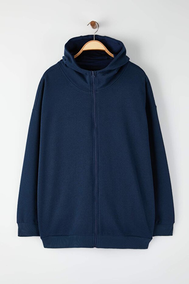 Büyük Beden Lacivert Oversize/Geniş Kesim Fermuarlı Kapüşonlu Pamuklu Sweatshirt TMNAW25AO00029 - 1