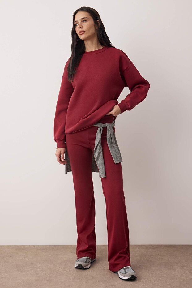 Bordo Oversize Üst Soft Touch Esnek Flare/İspanyol Paça Alt Örme Eşofman Takımı TWOAW26EM00008 - 1