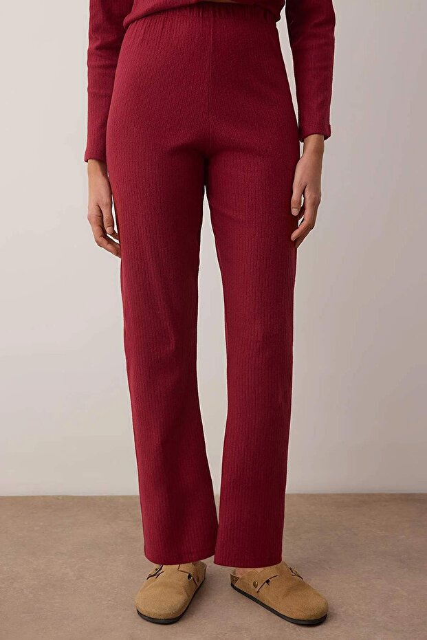 Bordo Pamuklu Hırka Fırçalı Yumuşak Tuşe Kışlık Fitilli Örme Pijama Takımı THMAW26PT00216 - 3