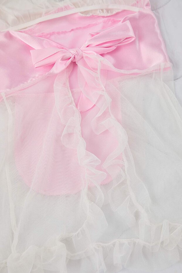 Beyaz-Pembe Tül Kapsız Babydoll/Fantezi Gecelik THMAW26LL00010 - 10