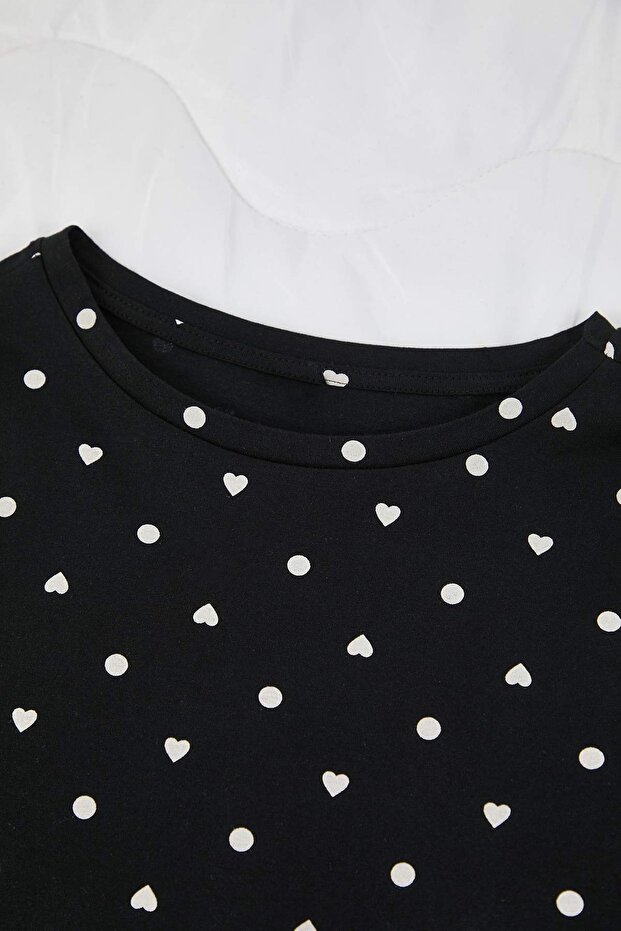 Siyah %100 Pamuklu Puantiye ve Kalpli Örme Pijama Takımı THMAW25PT00039 - 7