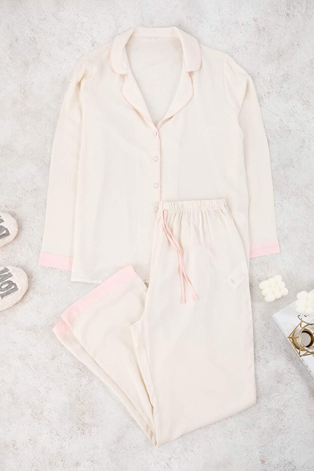 Ekru Biyeli Viskon Dokuma Pijama Takımı TBBAW26AI00050 - 2