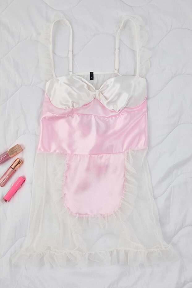 Beyaz-Pembe Tül Kapsız Babydoll/Fantezi Gecelik THMAW26LL00010 - 7