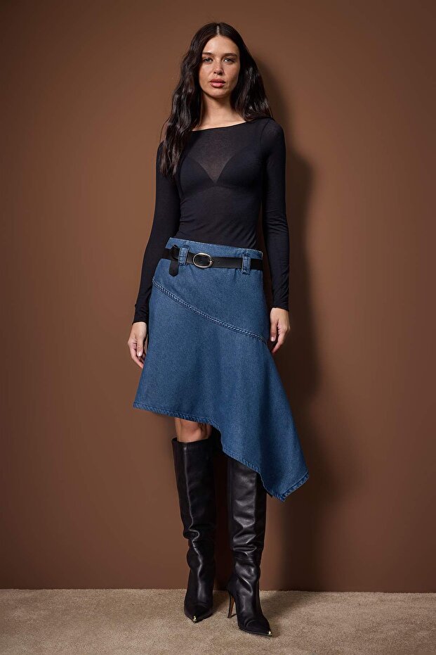 Wardrobe Essentials Mavi Kemerli Asimetrik Midi Denim Etek TWOAW26ET00076 - 1