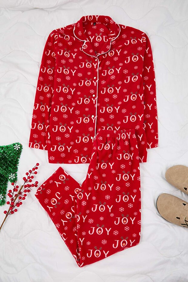 Kırmızı Yılbaşı Temalı Desenli Gömlek Yaka Polar Pijama Takımı TBBAW26AI00054 - 5