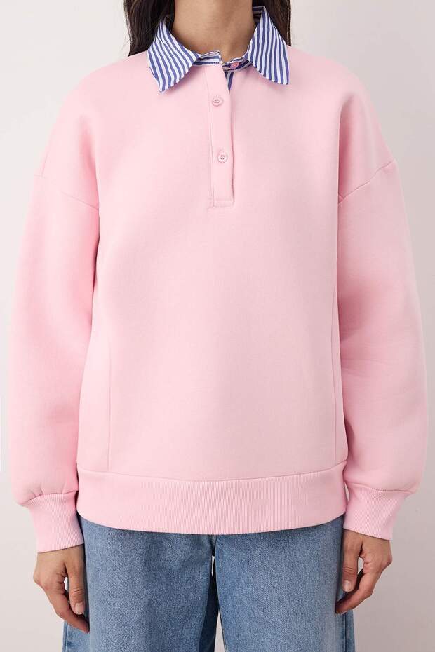 Pembe Dokuma Garni Detaylı Oversize Kalıp Polo Yaka Kalın Polarlı Örme Sweatshirt TWOAW26SW00116 - 3