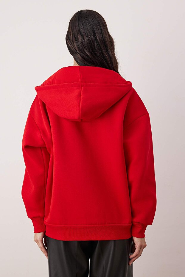 Kırmızı Oversize/Rahat Kesim Fermuarlı Kalın İçi Polarlı Örme Sweatshirt TWOAW24SW00188 - 4