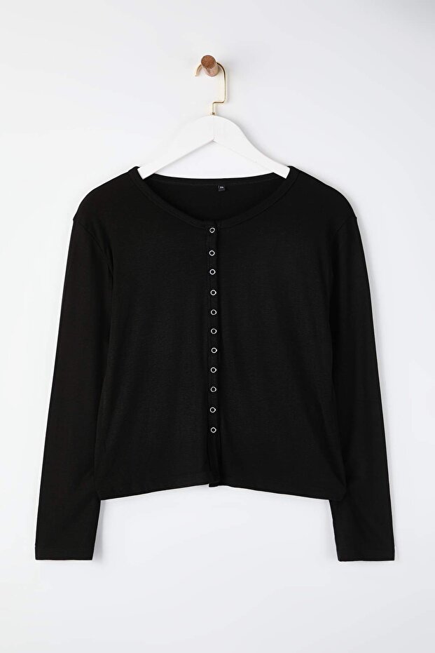 Siyah Çıtçıtlı Crop Boy Basic Örme Büyük Beden Bluz TBBAW26AF00119 - 4