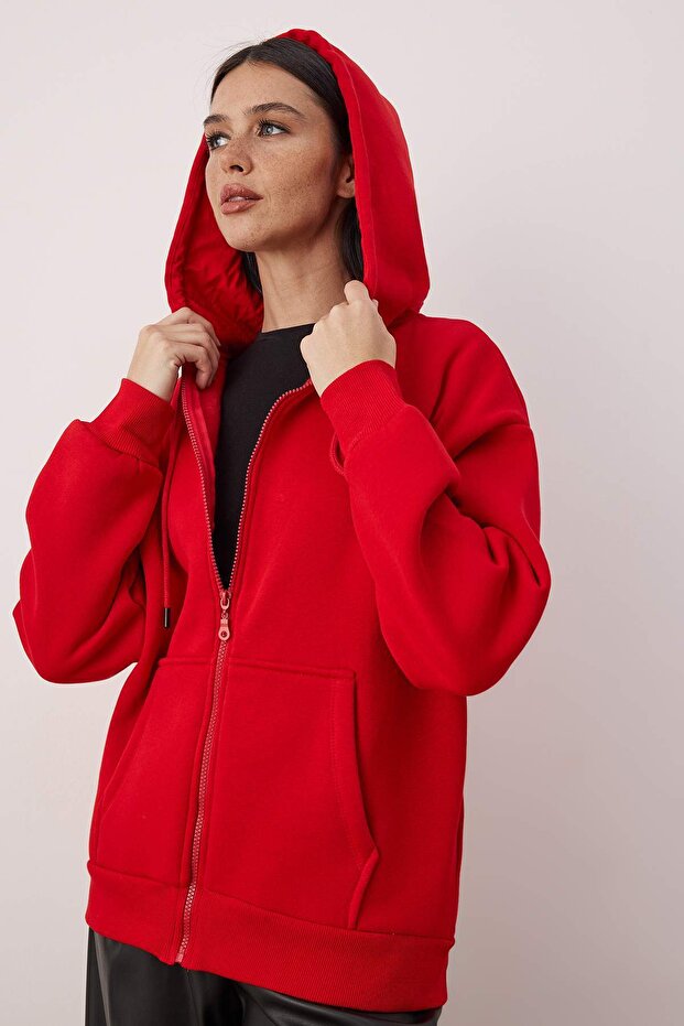 Kırmızı Oversize/Rahat Kesim Fermuarlı Kalın İçi Polarlı Örme Sweatshirt TWOAW24SW00188 - 2