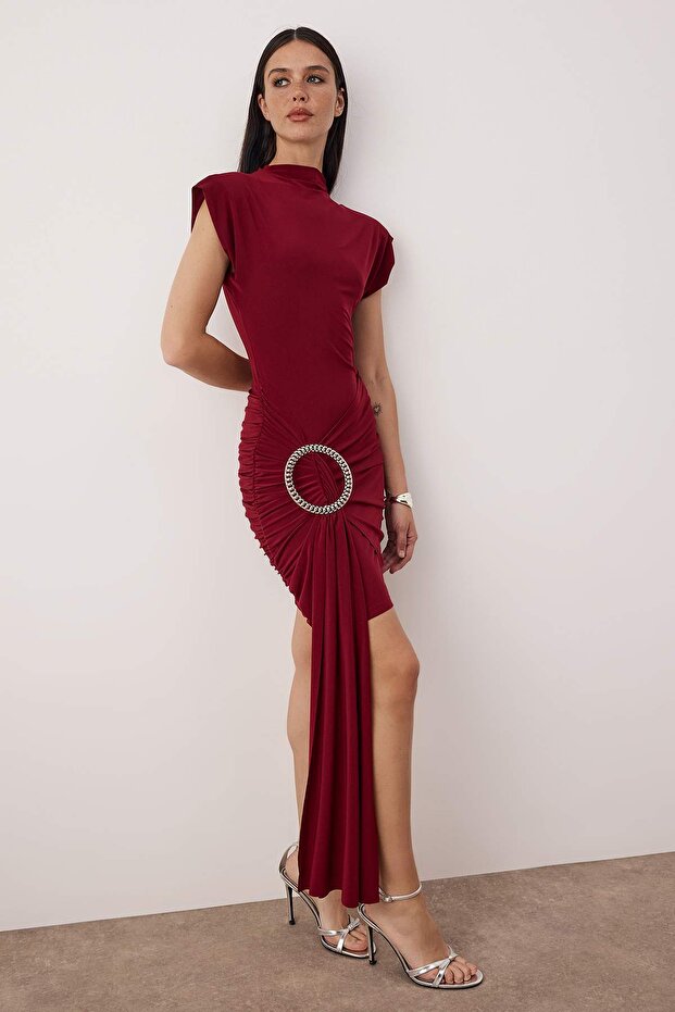 Bordo Özel Aksesuar Detaylı Örme Mini Astarsız Elbisesi TPRAW26EL00032 - 2