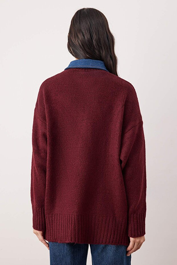 Bordo Denim Yaka Garnili Yumuşak Dokulu Triko Kazak TWOAW26KZ00278 - 4