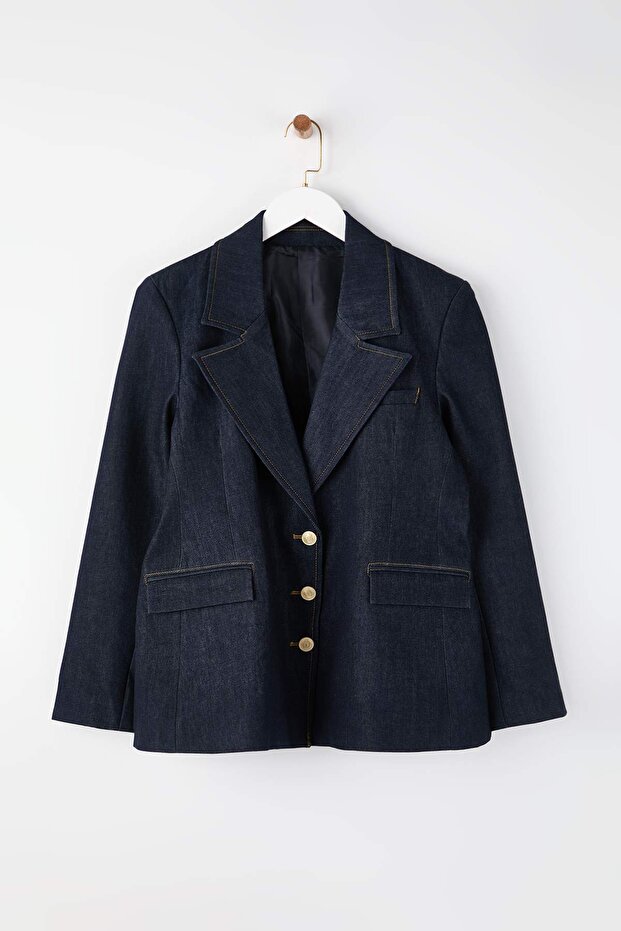 Koyu Mavi Cep Detaylı Bele Oturan Dar Kalıp Blazer Denim Ceket TBBAW26AG00042 - 5
