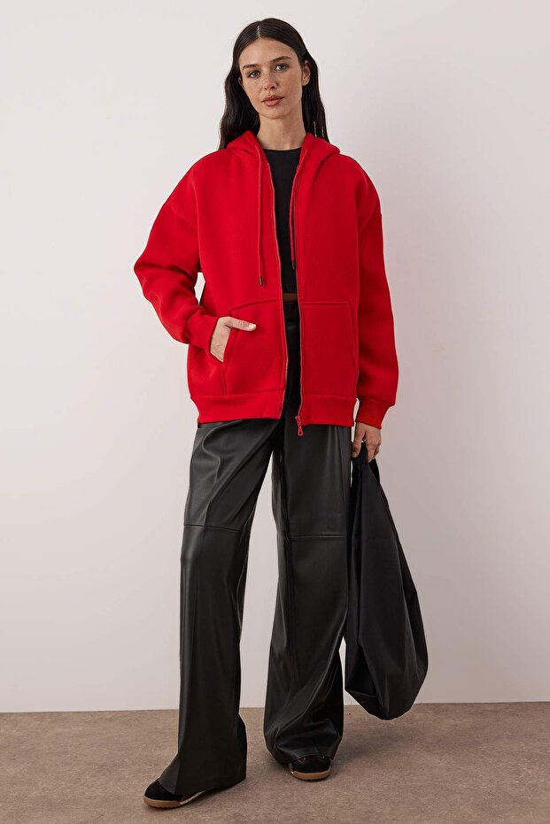 Kırmızı Oversize/Rahat Kesim Fermuarlı Kalın İçi Polarlı Örme Sweatshirt TWOAW24SW00188 - 1
