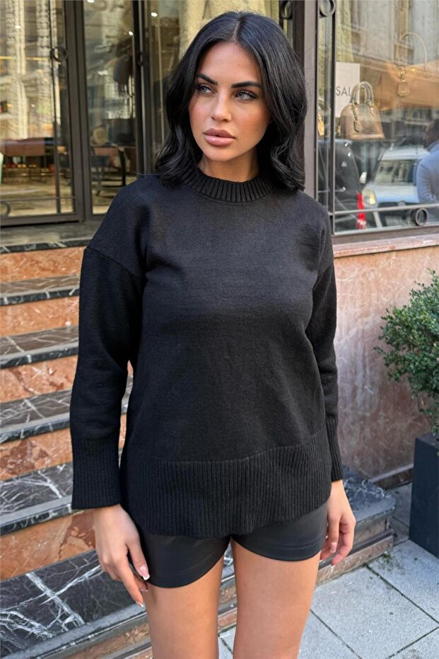 Black Soft Textured Ribbed Detailed Casual Crew Neck Knit Sweater