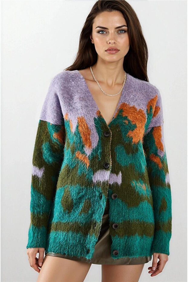 Petrol Patterned V-Neck Buttoned Ribbed Cardigan