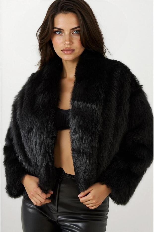 Black Faux Fur Short Sleeve Jacket