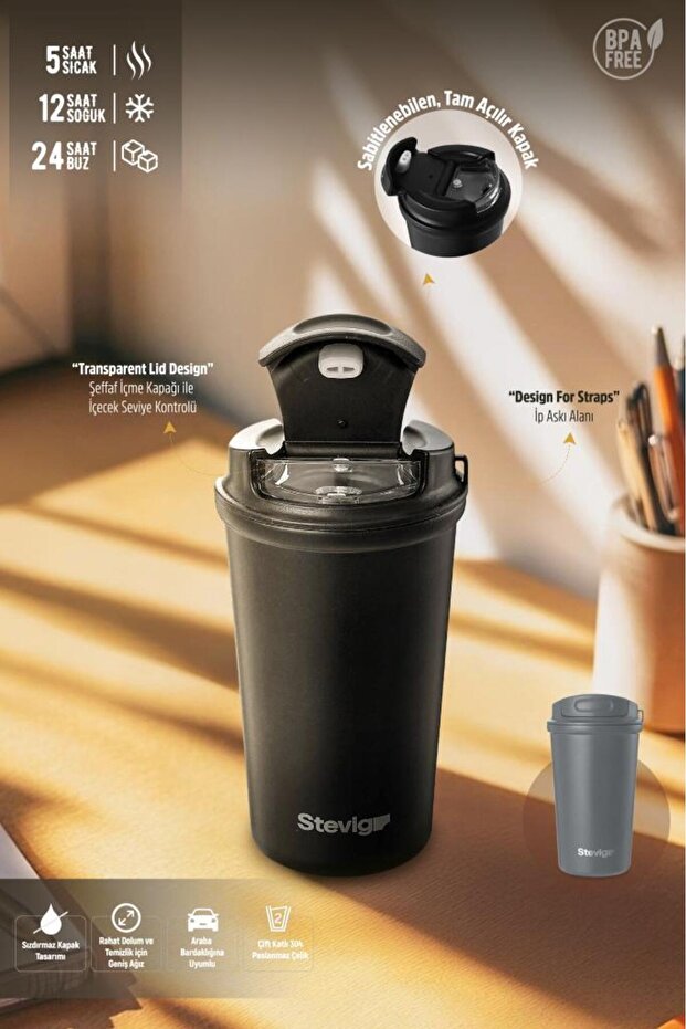 4 Work Flip Open Coffee Mug Çelik Termos 400 ML Black ST-250 - 7