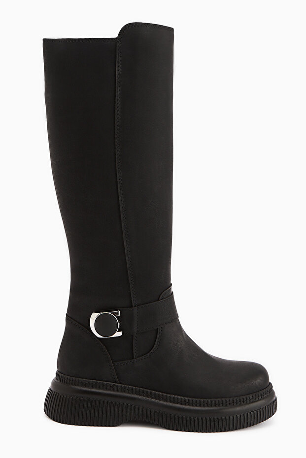 Juliah Black Buckle Detailed Zippered Women's Boots