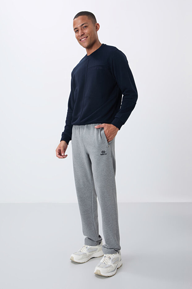 Grey Melange Zipper Pocketed Narrow Mold Classic Leg Men's Tracksuit Bottom - 84669