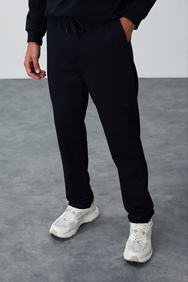 Navy Blue Lace-Up Pocket Standard Fit Classic Leg Men's Tracksuit Bottom - 84682