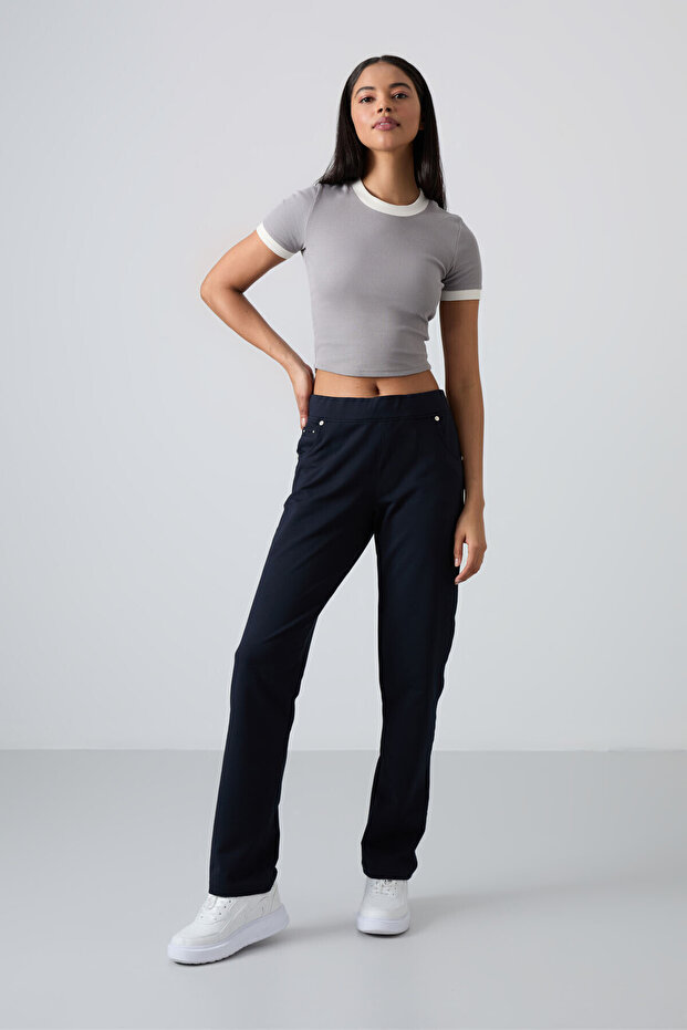 Navy Blue Stone Detailed Pocketed Comfortable Form Classic Leg Women's Sweatpants - 94007