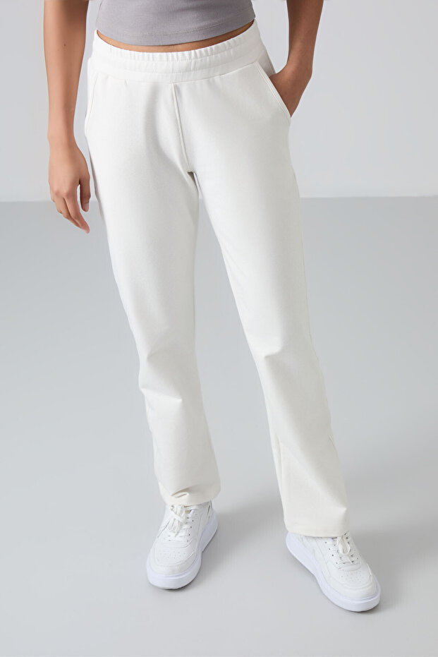 Ecru High Waisted Pocketed Comfortable Form Classic Leg Women's Tracksuit Bottom - 94584