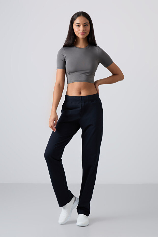 Navy Blue High Waisted Pocketed Comfortable Form Classic Leg Women's Tracksuit Bottom - 94185