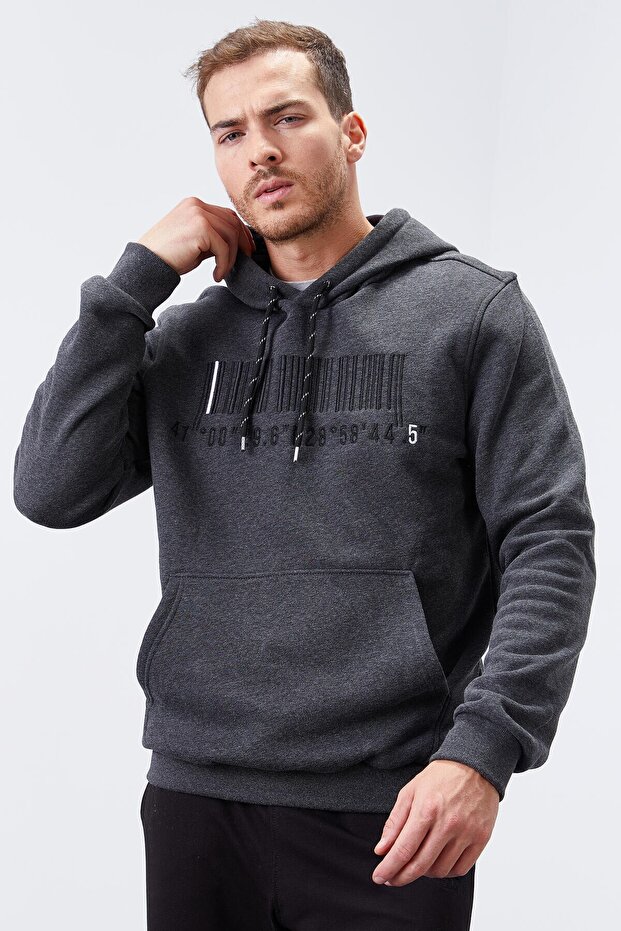 Anthracite Melange Embroidered Kangaroo Standard Mold Hooded Men's Sweatshirt - 87839